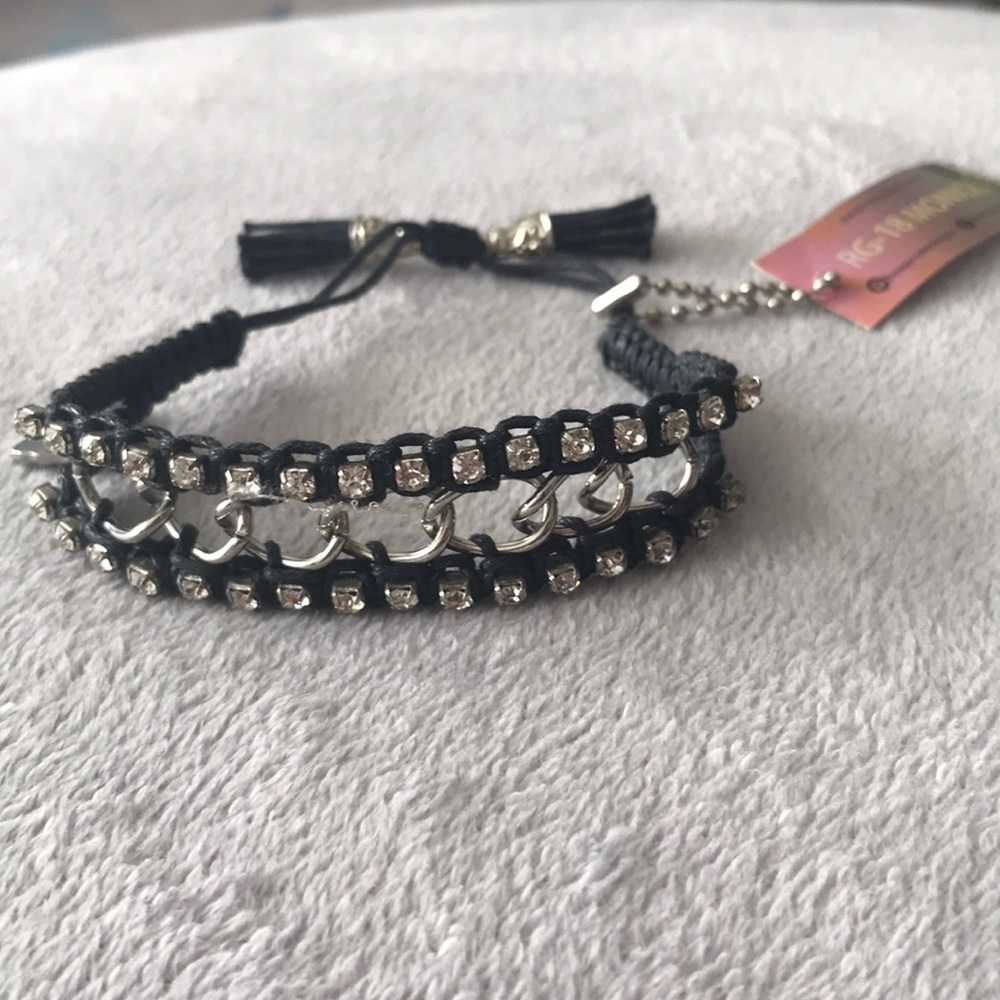 Black cuff bracelet w/ rhinestones and metal links
